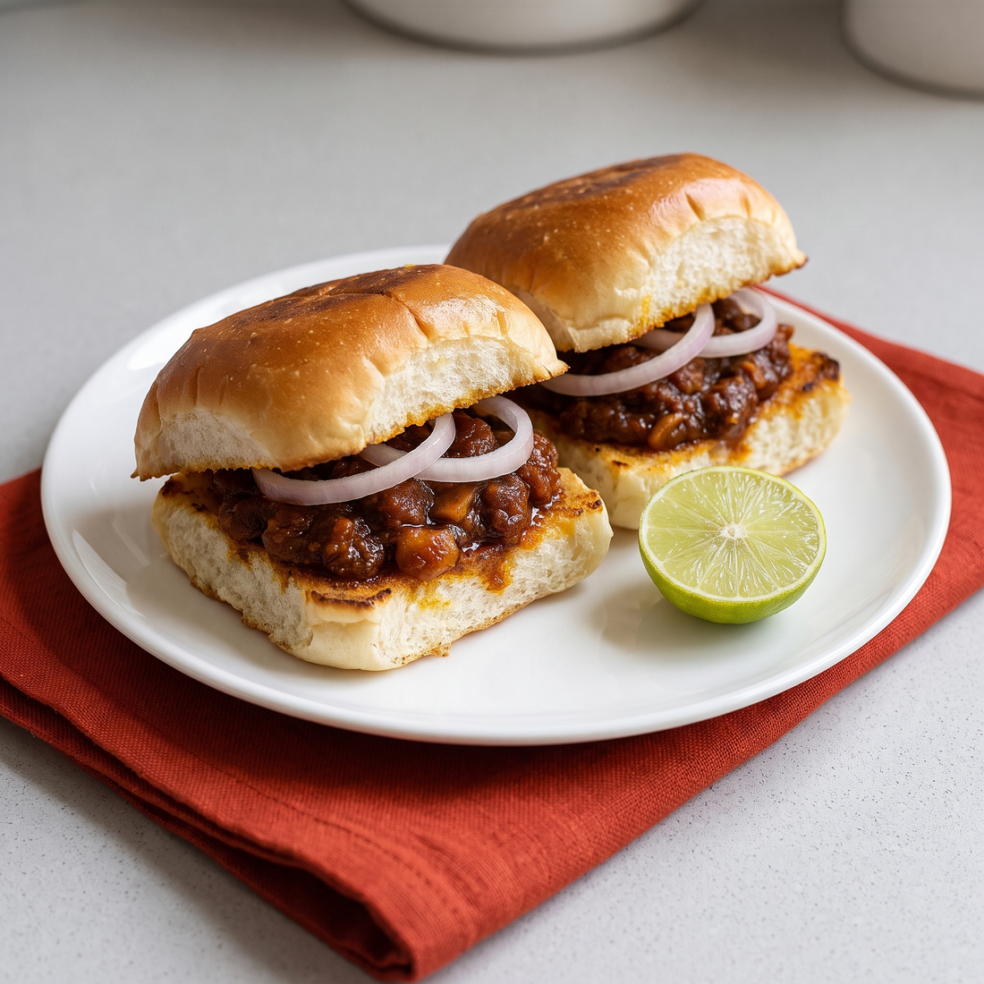 Buffalo pickle pav on a plate with raw onion rings and a lime wedge