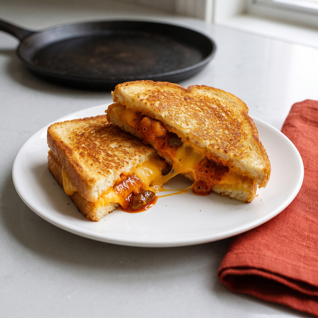 Chicken pickle grilled cheese cut in half with melted cheddar pulling apart