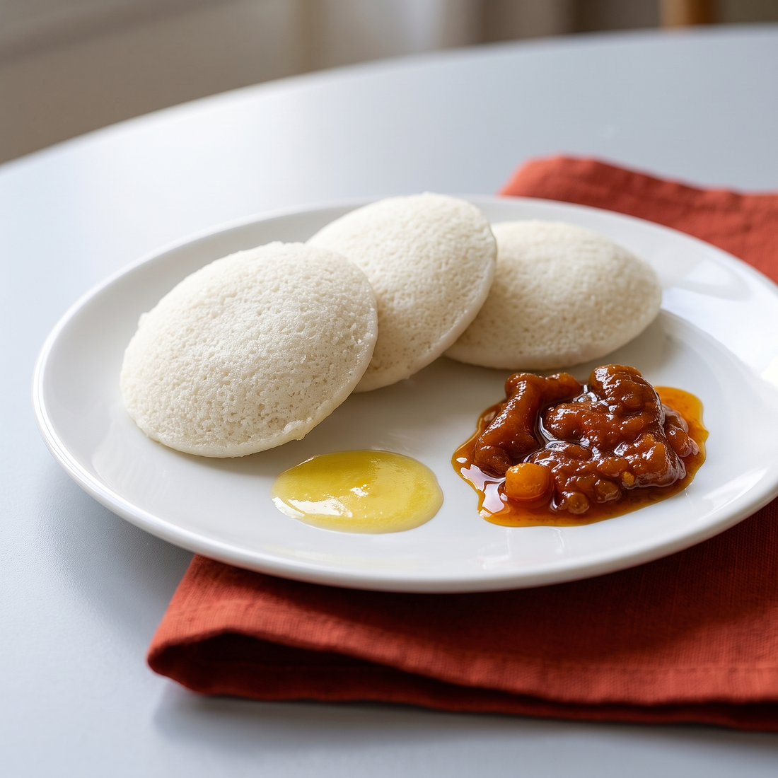 Lemon dates pickle served in a small bowl beside three idli with ghee