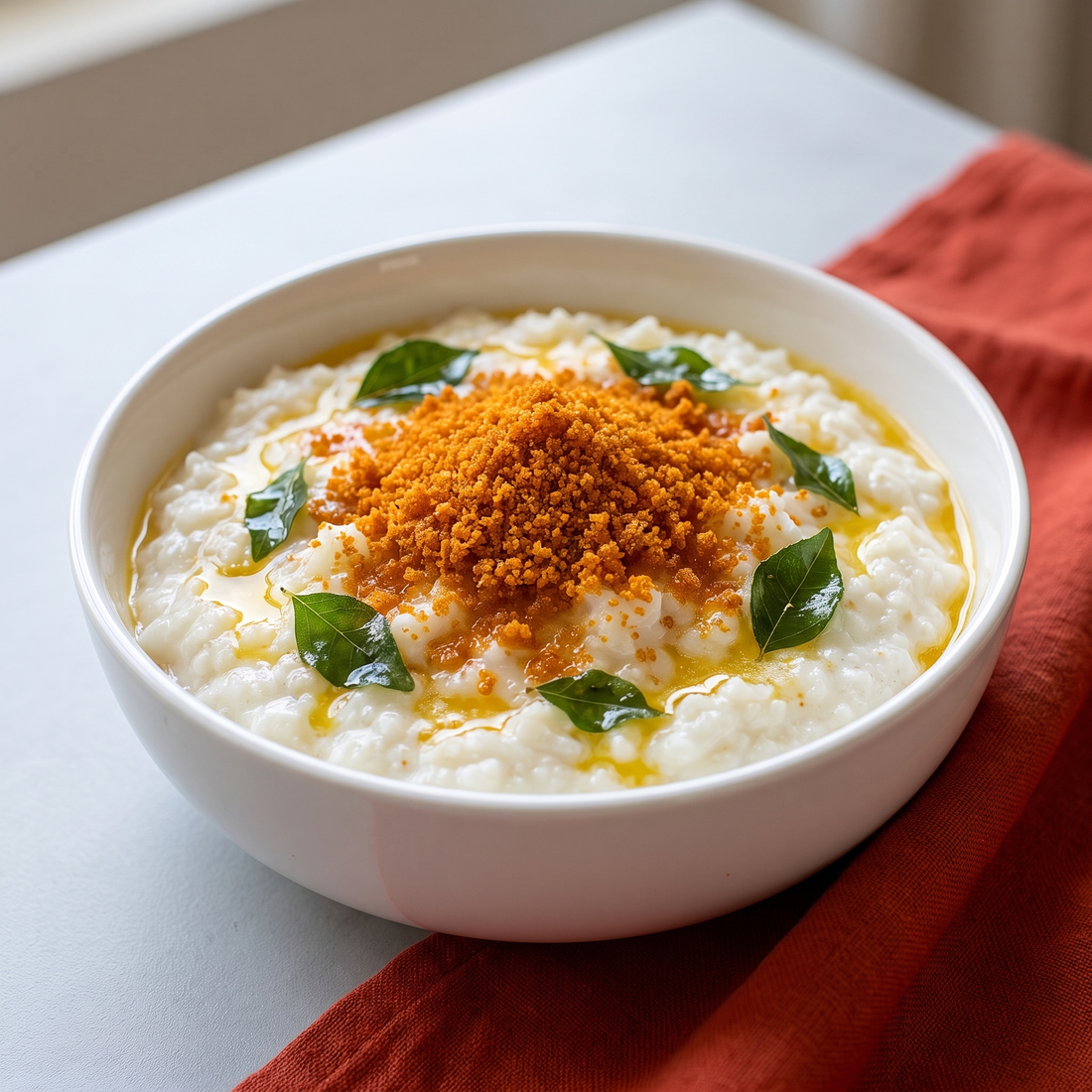 Prawns chutney powder dusted over a bowl of curd rice with ghee and curry leaves