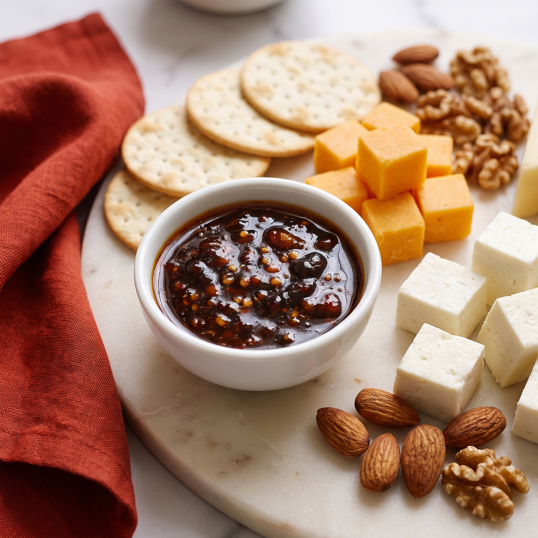 SweetFire chilli pickle in a small bowl on a board with cheddar, paneer, crackers and nuts