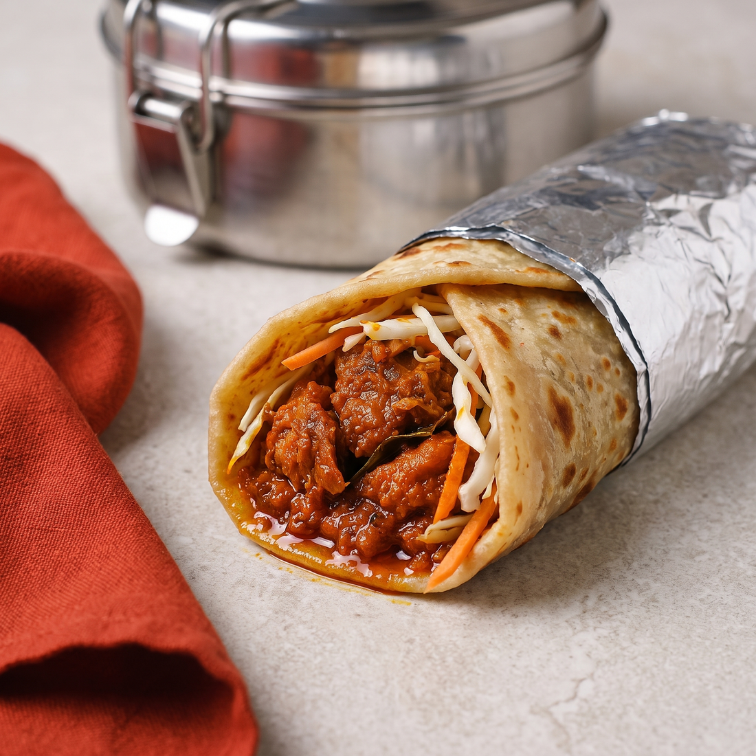 Tuna pickle paratha wrap in foil with shredded cabbage and carrot beside a steel lunchbox