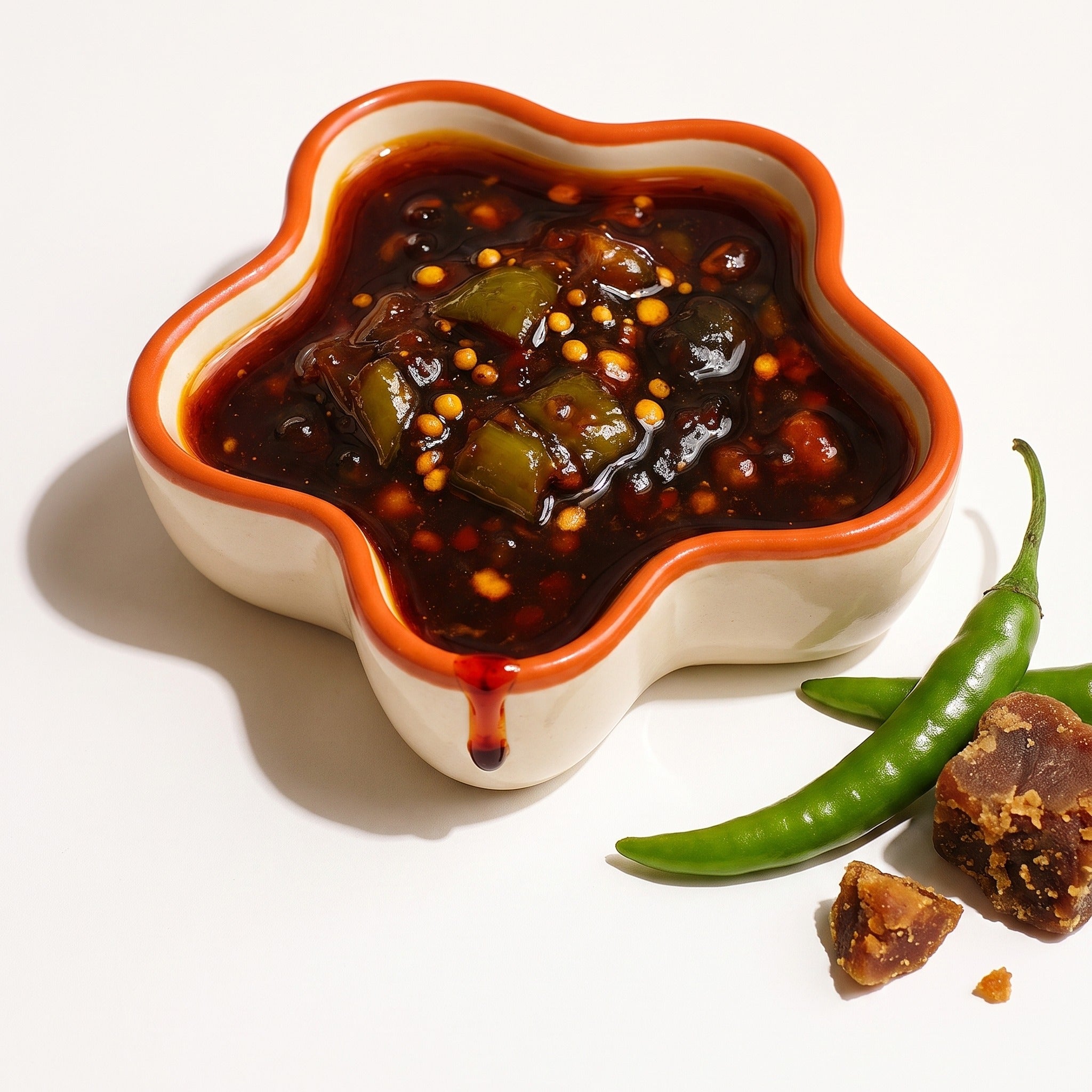 SweetFire Chilli Pickle — Kerala green chilli pickle by Touchyngz, glossy in a ceramic bowl with raw green chilli and jaggery