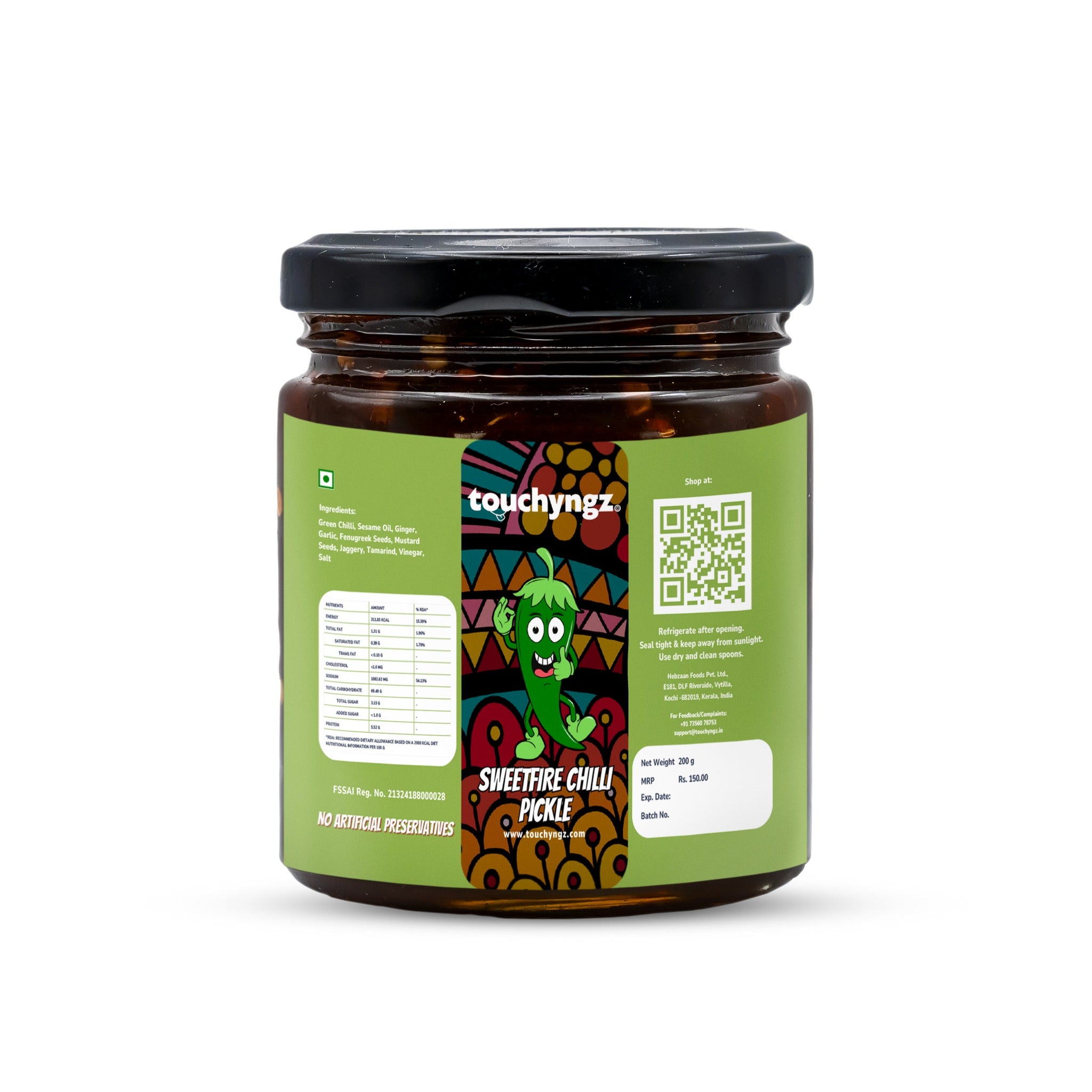 SweetFire Chilli Pickle back label — ingredients, allergens, FSSAI and nutrition information