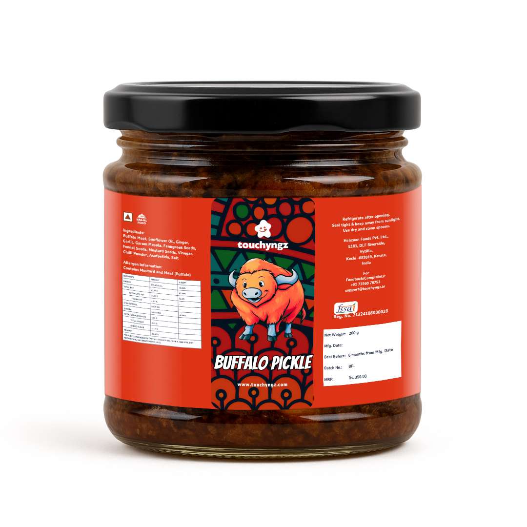 Touchyngz Buffalo Pickle back label — ingredients, allergens, nutrition and FSSAI licence details