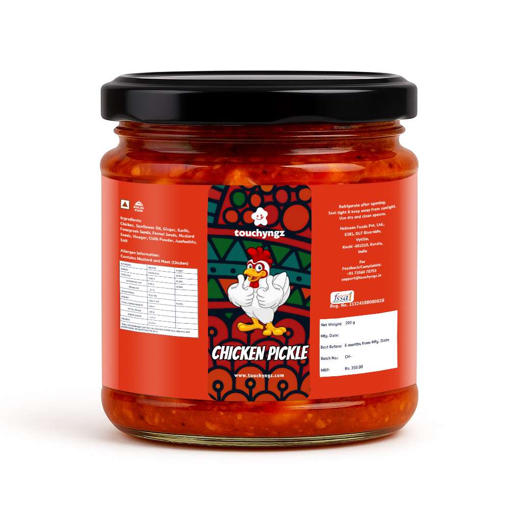 Touchyngz Chicken Pickle back label — ingredients, allergens, nutrition and FSSAI licence details