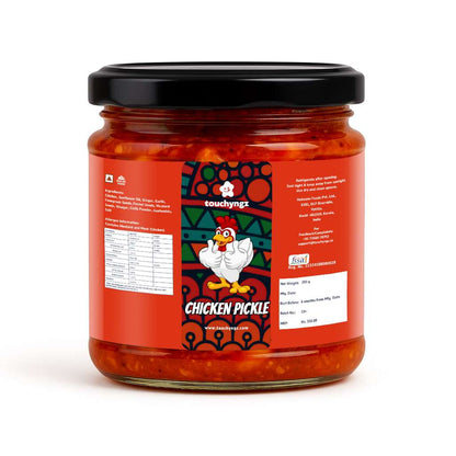 Touchyngz Chicken Pickle back label — ingredients, allergens, nutrition and FSSAI licence details