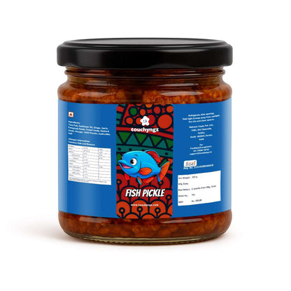 Touchyngz Fish (Tuna) Pickle back label — ingredients, allergens, nutrition and FSSAI licence details