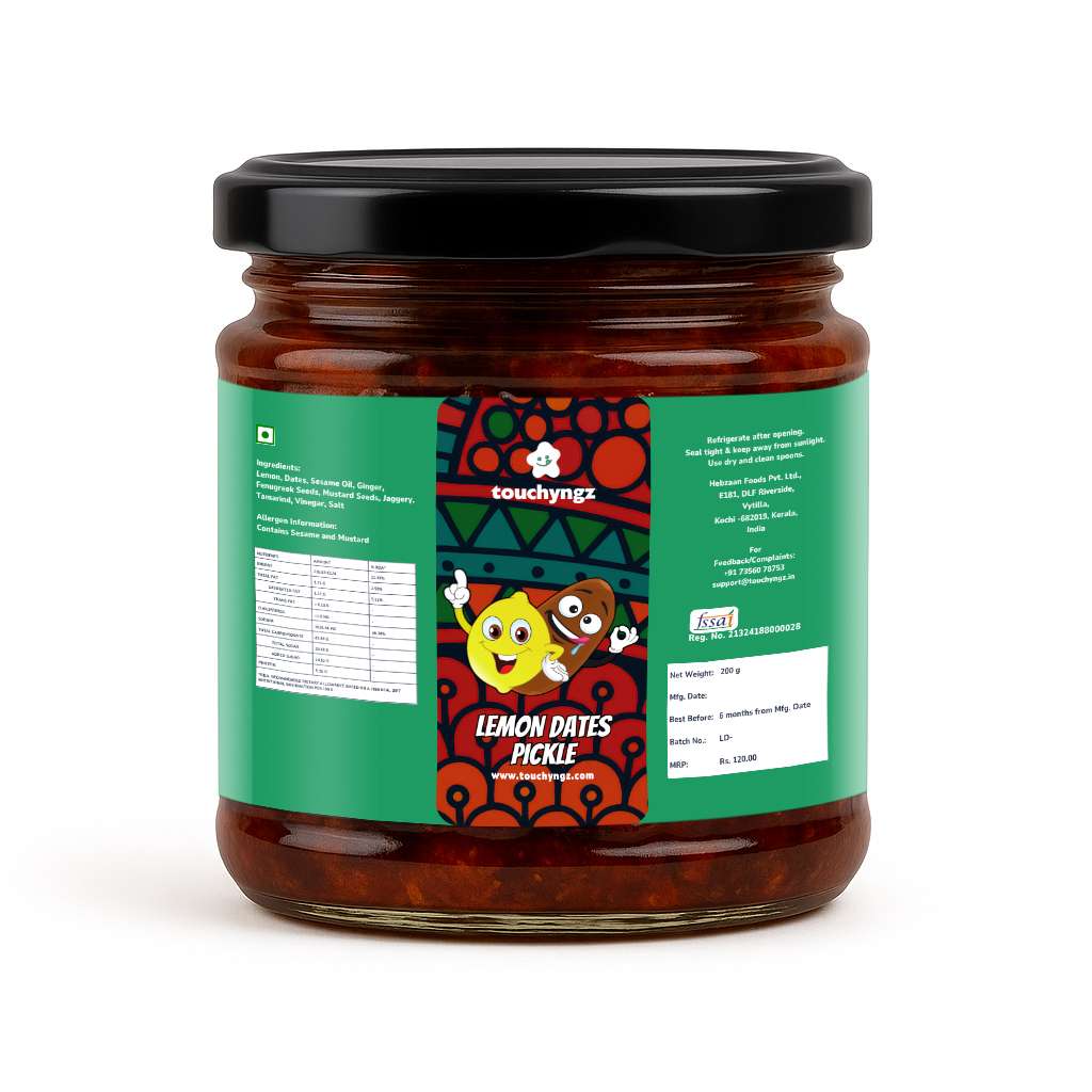Touchyngz Lemon Dates Pickle back label — ingredients, allergens, nutrition and FSSAI licence details