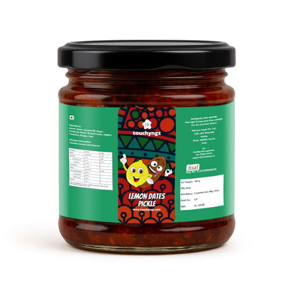 Touchyngz Lemon Dates Pickle back label — ingredients, allergens, nutrition and FSSAI licence details