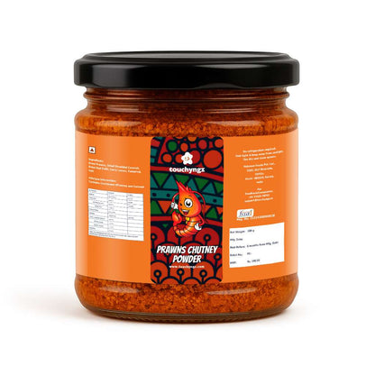 Touchyngz Prawns Chutney Powder back label — ingredients, allergens, nutrition and FSSAI licence details