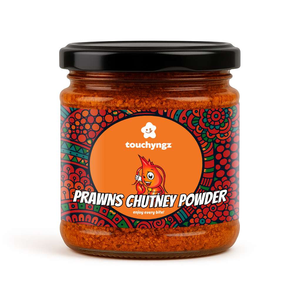 Touchyngz Prawns Chutney Powder 200 g jar, front label — Kerala chemmeen podi