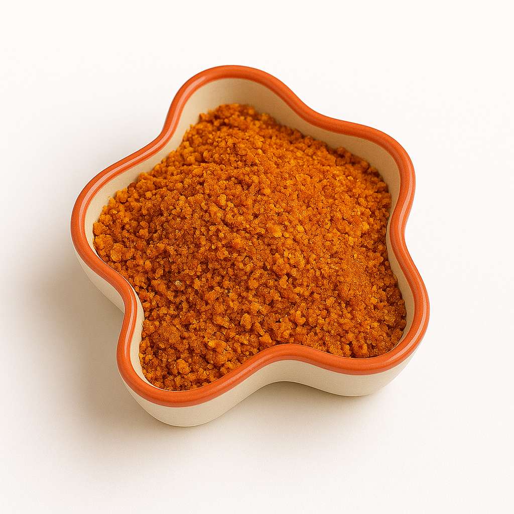 Prawns Chutney Powder in a bowl — dried prawns, roasted coconut and red chilli podi