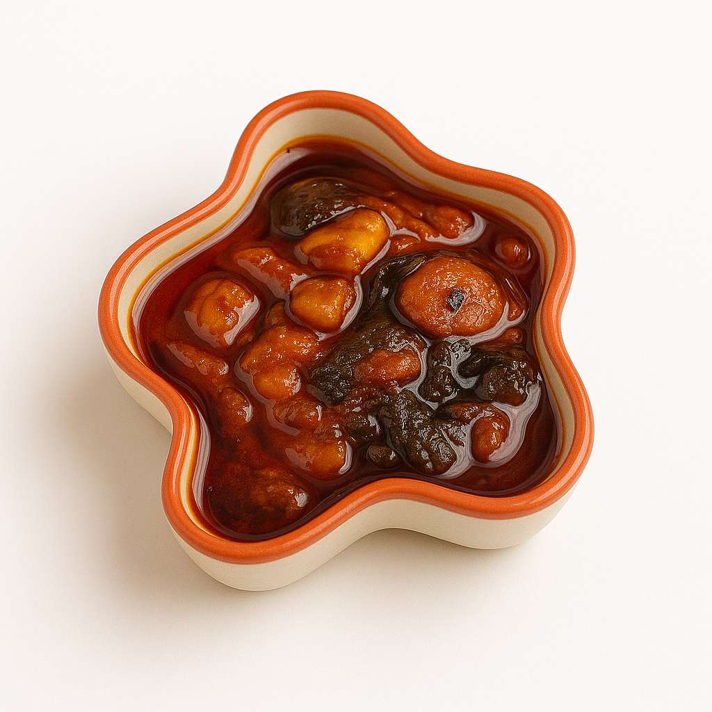 Prawns Pickle texture — whole prawns in dark-red coastal masala