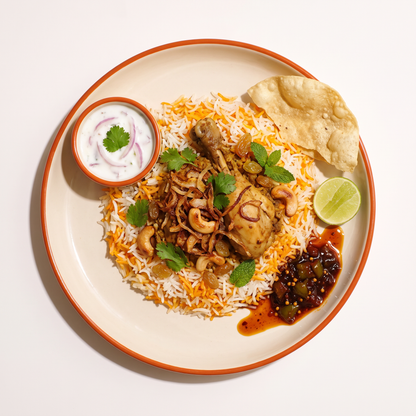 SweetFire Chilli Pickle served with Kerala chicken biriyani, raita and pappadam