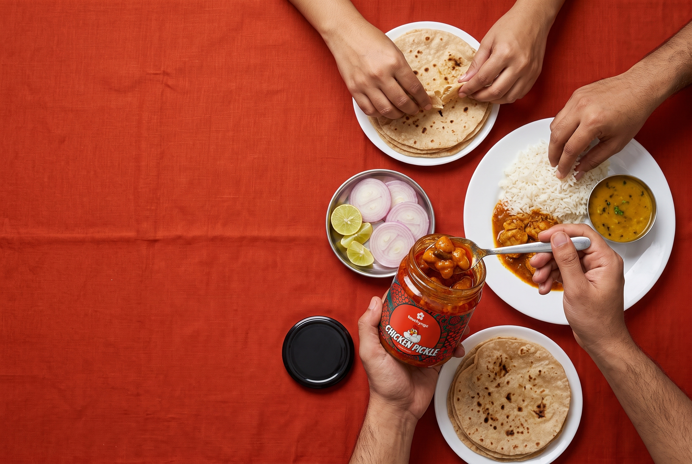 Overhead of a shared Indian meal on a red cloth: a jar of Touchyngz Chicken Pickle being spooned onto rice and dal, with chapatis, sliced onion and lime